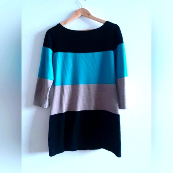 Sweater Dress with Blue, grey, black colour-blocked stripes, fits S-L - Picture 11 of 14